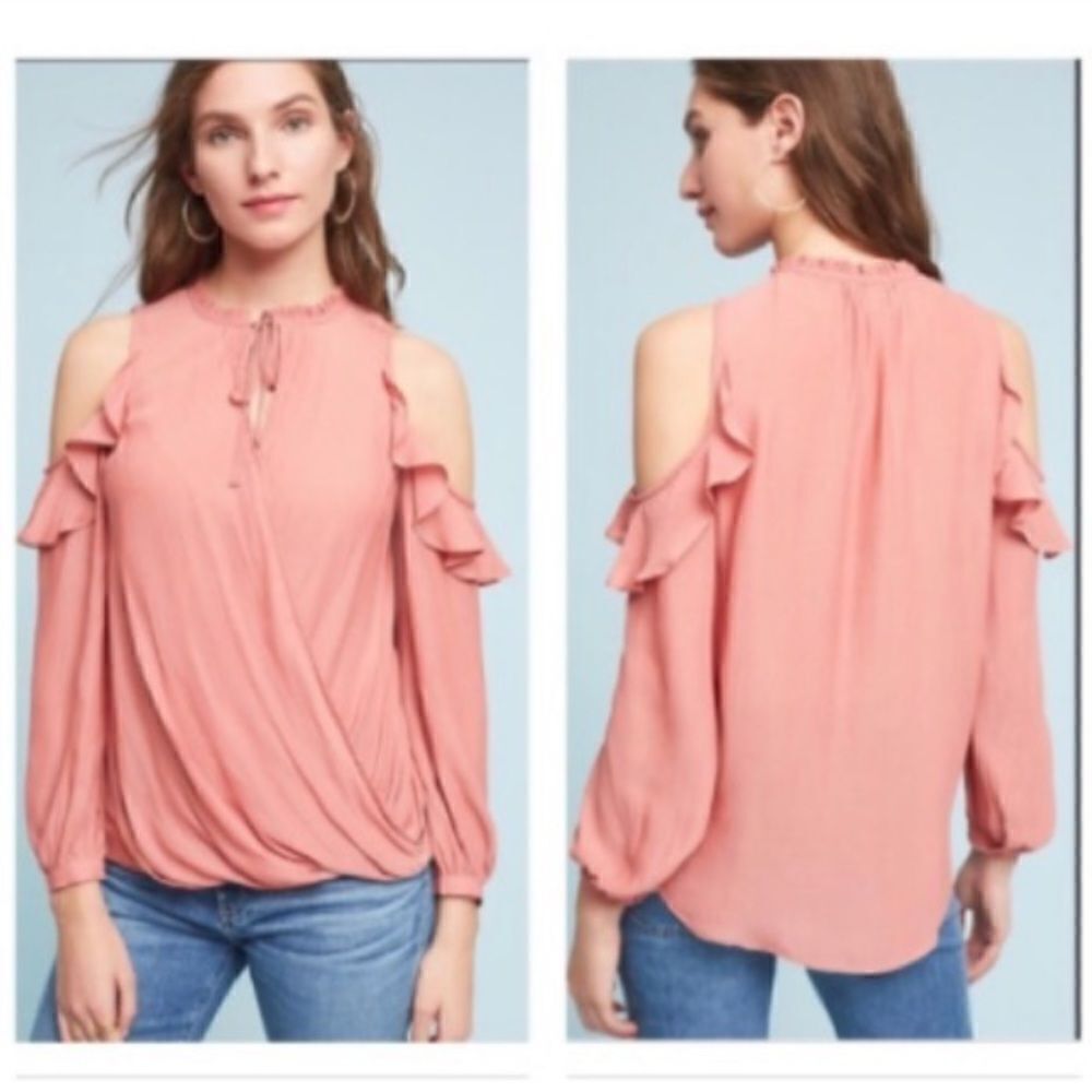 Anthropologie Maeve Liesel Ruffle Pink Open Shoulder Blouse